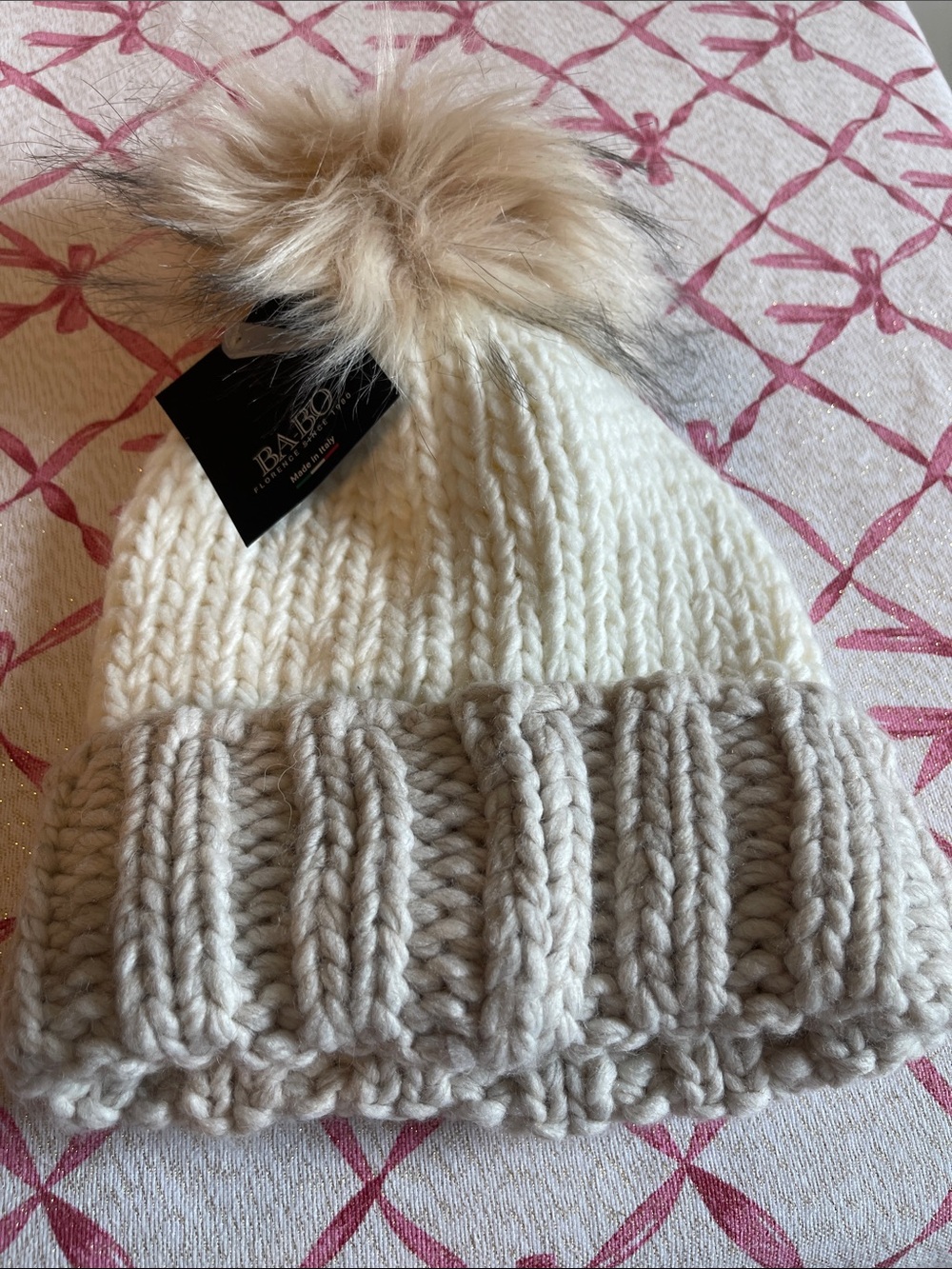 Babe & Tess Cream and Light Tan Knit Pom Beanie